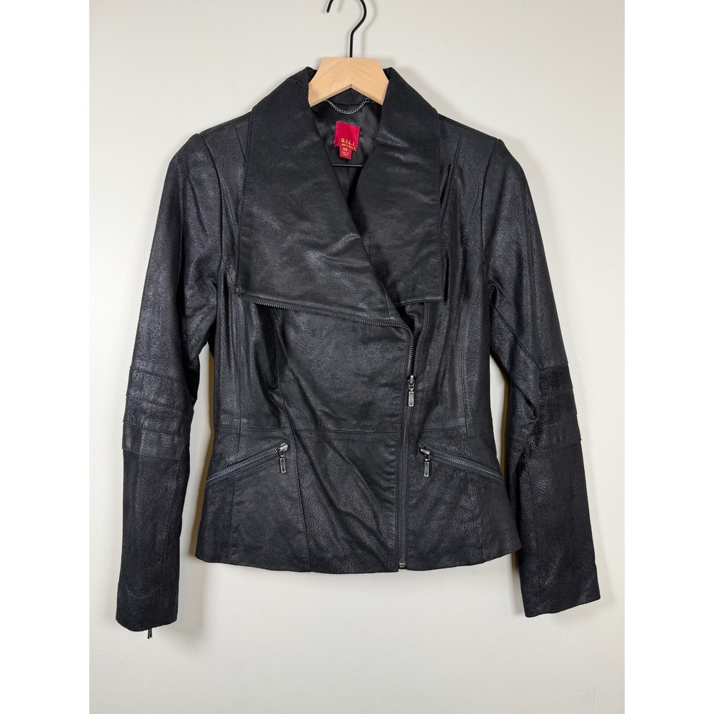 G.I.L.I. Moto Leather Jacket Womens XS Black Asymmetrical Zip Textured Biker